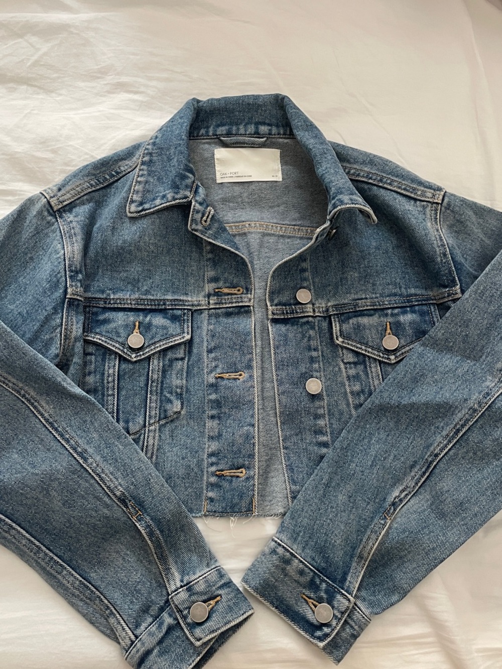 OAK + FORT Cropped Medium Blue Denim Jacket